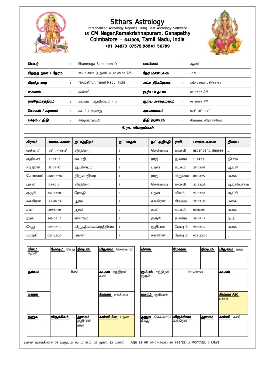 One page Vedic astrology birth chart showing planetary positions and South Indian horoscope layout